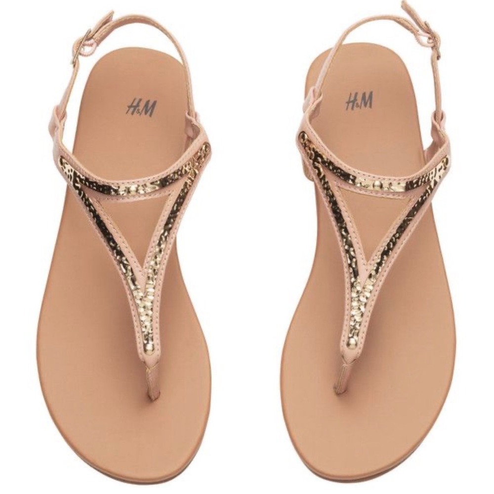 HM Womens Strappy Thong Sandals light Tan Gold Metallic Ankle Strap Size 6 37